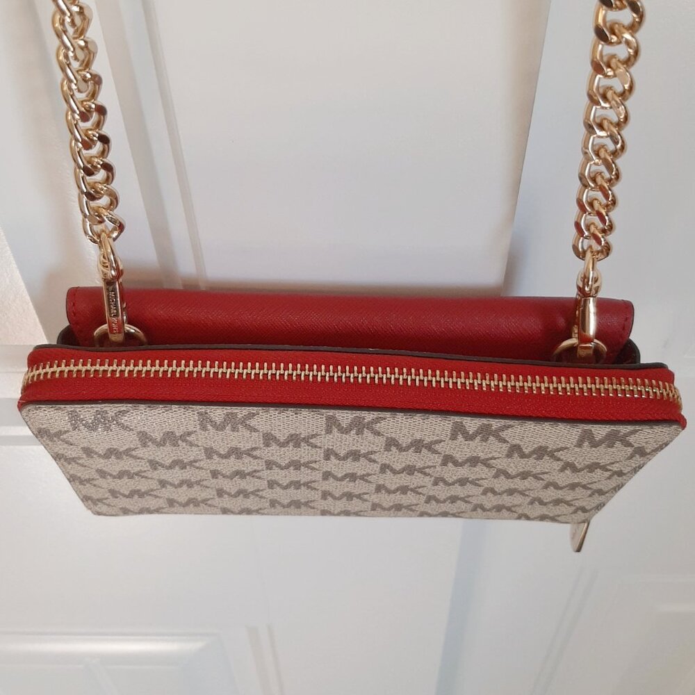 Michael Kors Bridgette Red & Tan MK Logo Print Wallet on Crossbody Strap - Picture 7 of 14